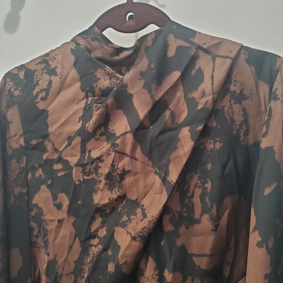 Zara New Brown & Black Abstract Tie Front Blouse with Full Cut Out Long Sleeve L - Picture 12 of 15